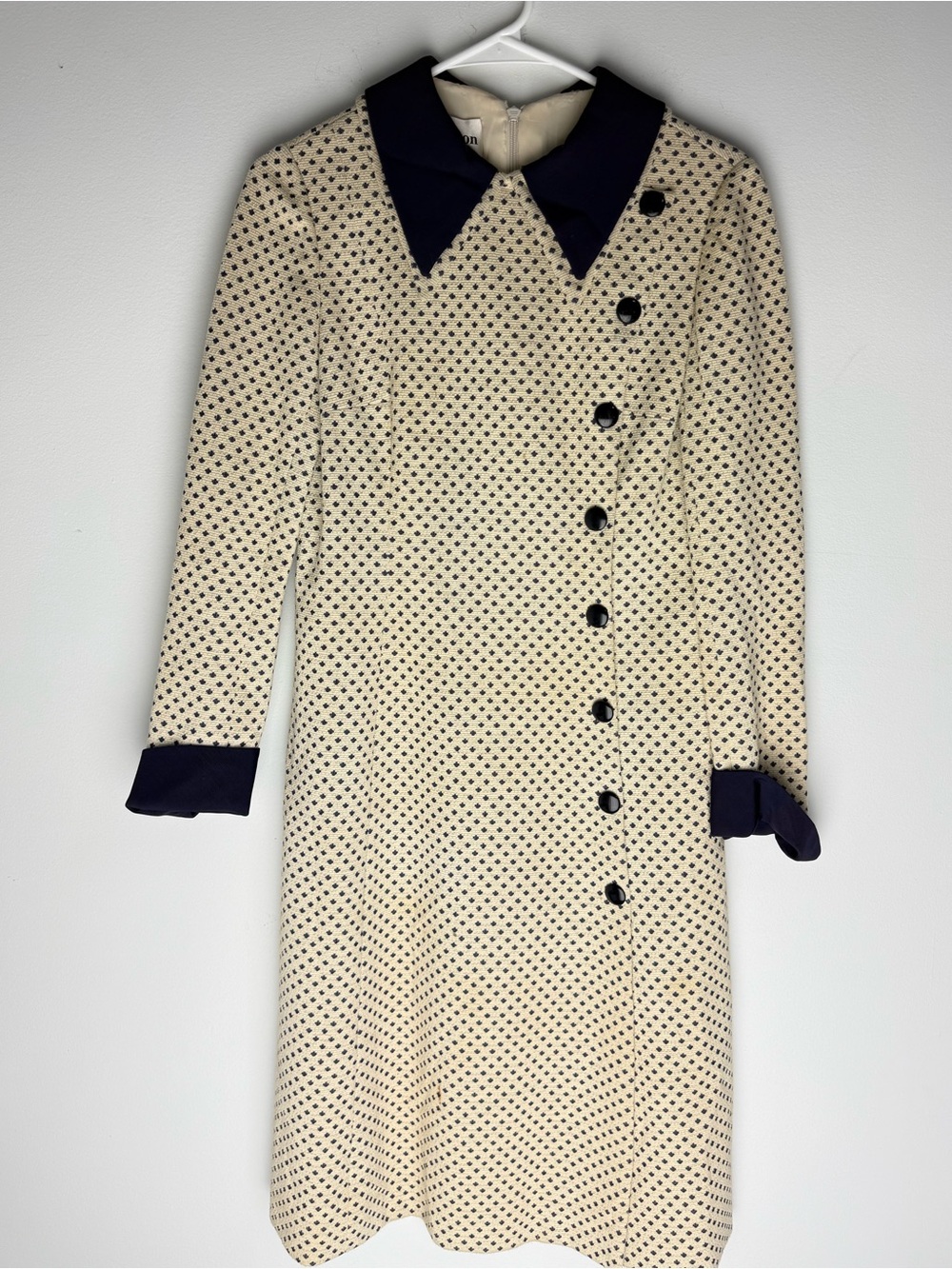 Vintage Adele Simpson Cream Polka Dot Midi Dress with Navy Contrast Collar